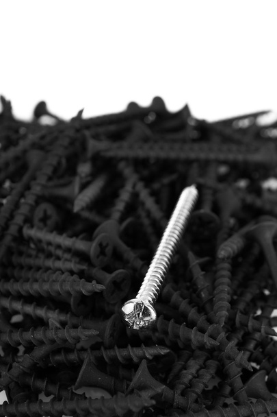Macro, one brass screw in a pile of black screws - Fotografie, Obrázek