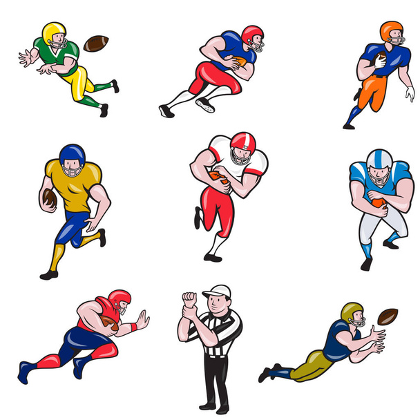 Amerikan Futbolcu Karikatür Koleksiyonu Seti - Vektör, Görsel