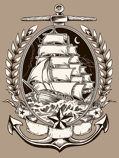 Tattoo Style Pirate Ship In Crest - Vector, Image