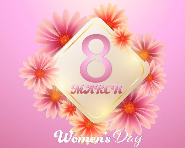 Ημέρα των γυναικών 8 Μαρτίου κείμενο γράμματα και λουλούδι ροζ φόντο. - Διάνυσμα, εικόνα