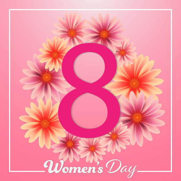 Ημέρα των γυναικών 8 Μαρτίου κείμενο γράμματα και λουλούδια ροζ φόντο. - Διάνυσμα, εικόνα