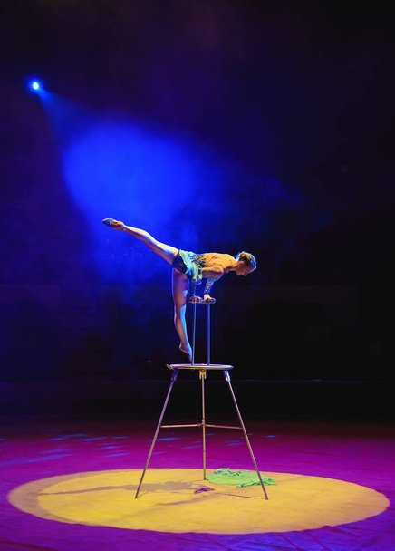 Aerial acrobat in the ring. A young girl performs the acrobatic elements in the air ring - 写真・画像