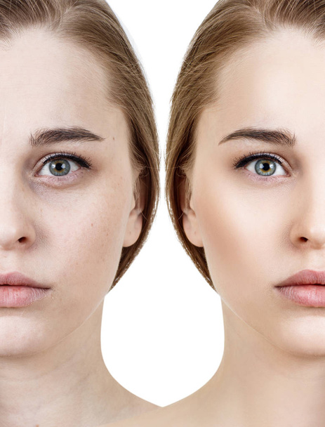 Porównanie Portret młodej kobiety przed i po retusz. - Zdjęcie, obraz