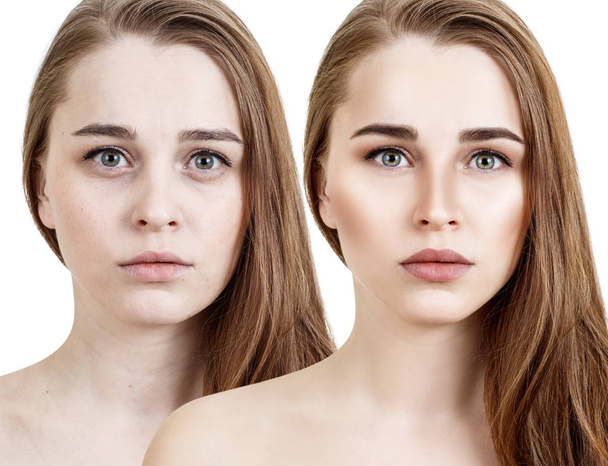 Retrato de comparação de mulher jovem antes e depois do retoque
. - Foto, Imagem