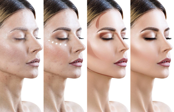 Collage de la femme appliquant le maquillage étape par étape
. - Photo, image