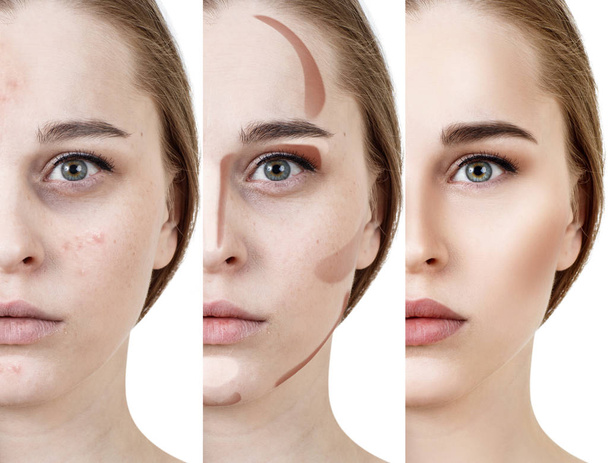 Collage de mujer aplicando maquillaje paso a paso
. - Foto, imagen