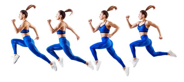 Havada mavi spor giyim atlama genç kadın Runner. - Fotoğraf, Görsel