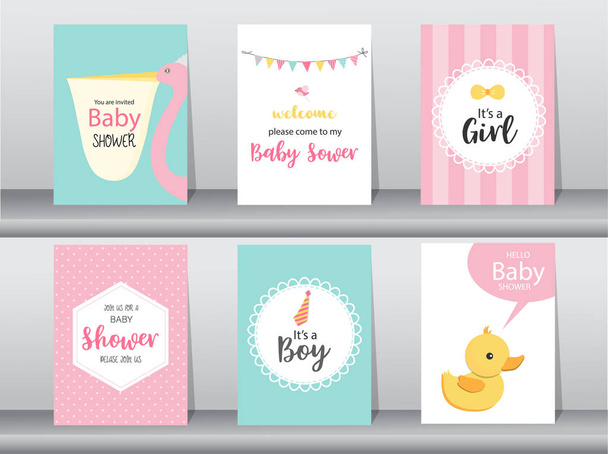 Set of baby shower invitations cards,poster,greeting,template,stork,animal,Vector illustrations - Vektor, Bild