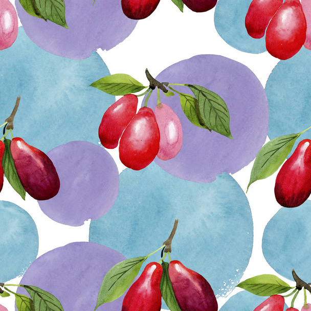 Dogwood vörös gyümölcsök és zöld levelek. Akvarell háttér illusztráció meg. Folytonos háttérmintázat. - Fotó, kép