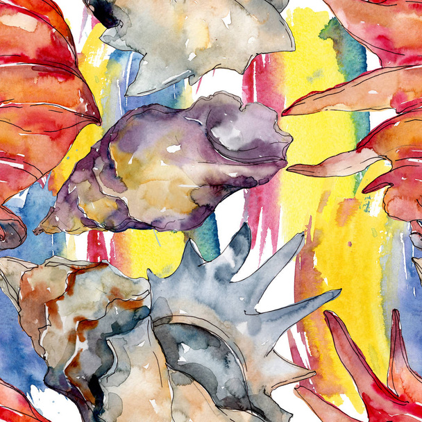 Summer beach seashell tropical elements. Watercolor illustration set. Seamless background pattern. - Фото, изображение