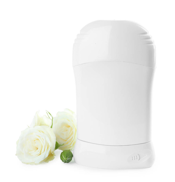 Natural female deodorant with roses on white background - Zdjęcie, obraz