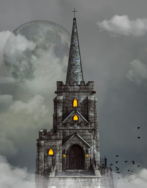 gotische kerk over de wolken - Foto, afbeelding