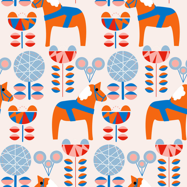 Paarden en bloemen in een Folk Art patroon ontwerp - Vector, afbeelding