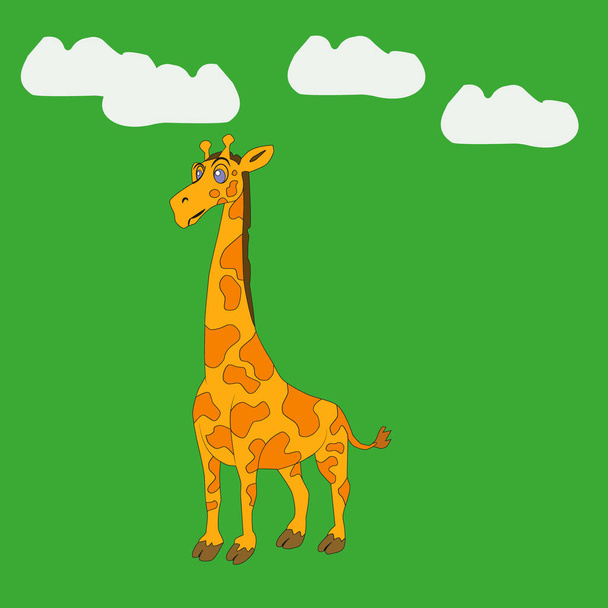 In the picture, the family is a three-person giraffe, the older giraffes are holding their tails, the kid is hiding behind his mother. - Vector, Image