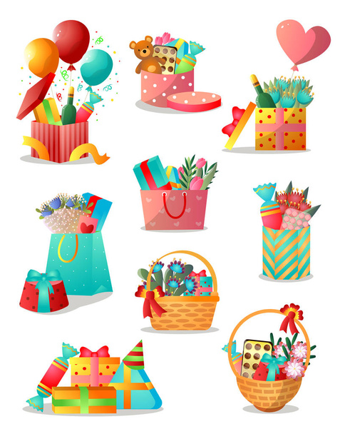 Set of different colorful gift boxes or basket for holidays - Vector, Image