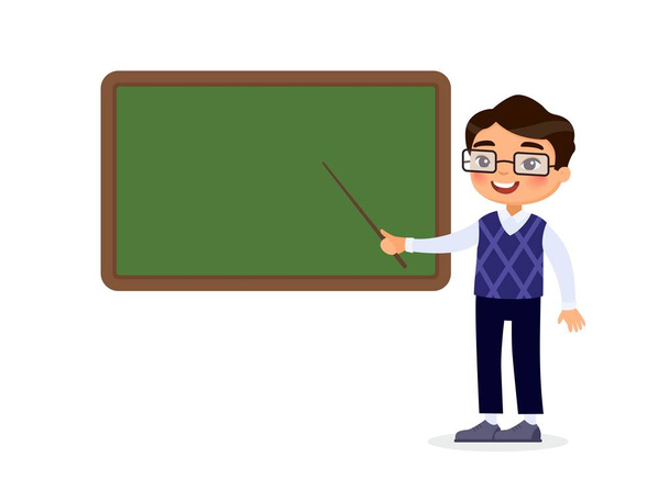 Aziatische mannelijke leraar staat in de buurt van Blackboard platte vector illustratie. Lachende tutor wijzend op blanco schoolbord in klas cartoon karakter. Onderwijsproces. Schoolles, Tutor uitleggen taak - Vector, afbeelding