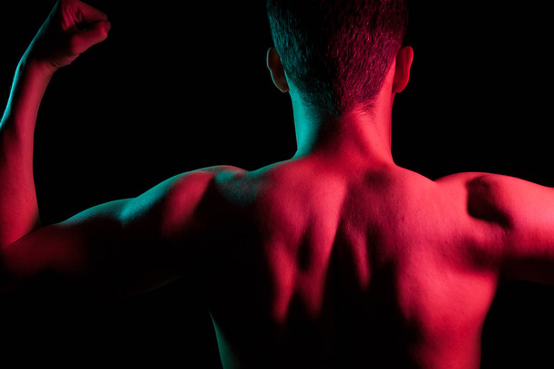 Close-up of nape, back and shoulders with strained muscles and h - Foto, Imagem