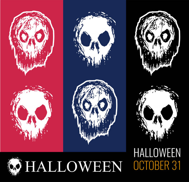 Vector set of illustrations for Halloween, creepy zombie head, skull white color on red, dark blue and black isolated. - Vector, Image