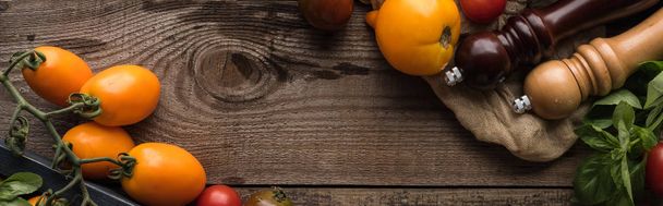 panoramic shot of tomatoes and spinach in box near pepper mill and salt mill on piece of fabric on wooden surface - Fotografie, Obrázek