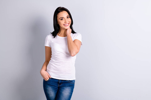 Portrait of her she nice-looking charming attractive lovely slim fit thin cheerful cheery content girl isolated over light gray pastel background - Φωτογραφία, εικόνα