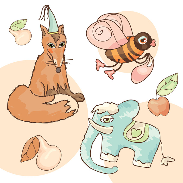 Fox, elephant, bee, pear and apple - Vector, Image