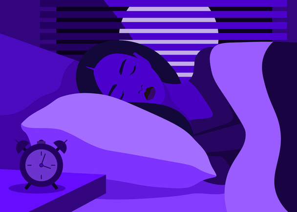 Μια νεαρή γυναίκα κοιμάται σε ένα κρεβάτι στο παρασκήνιο ένα παράθυρο με το φεγγάρι. Υγιής ύπνος. Εικονοδιάνυσμα επίπεδη απεικόνιση - Διάνυσμα, εικόνα