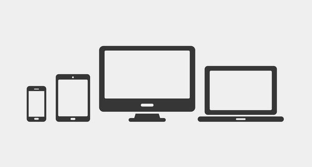 デバイス アイコンが設定されています。ラップトップ、コンピュータ、デスクトップPC、タブレット、スマートフォン。オフィスと家庭用デジタルガジェット。ウェブデザインの黒いシンボル。白い背景の単離されたベクターイラストリン. - ベクター画像