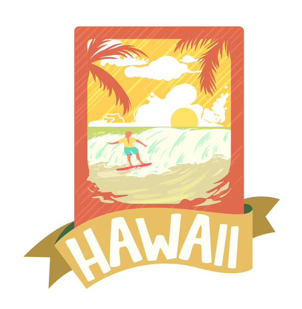 Surf Man T-shirt στάμπα έμβλημα σερφ, εικόνα διανύσματος Χαβάης. - Διάνυσμα, εικόνα