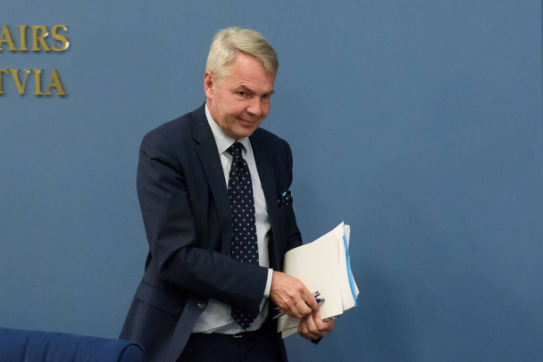 RIGA, LATVIA. 30th of July, 2019. Pekka Haavisto, Minister of Foreign Affairs of Finland, during  Press conference of Pekka Haavisto, Minister of Foreign Affairs of Finland and Edgars Rinkevics, Minister of Foreign Affairs of Latvia. - Fotoğraf, Görsel