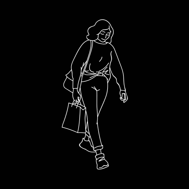 ジーンズ、セーター、スニーカーのかわいい女の子が歩いて、じっと見つめる。黒い背景に分離された白い線。ラインアートスタイルで買い物パッケージを持つ女の子のベクトルイラスト。モノクロミニマリズム - ベクター画像