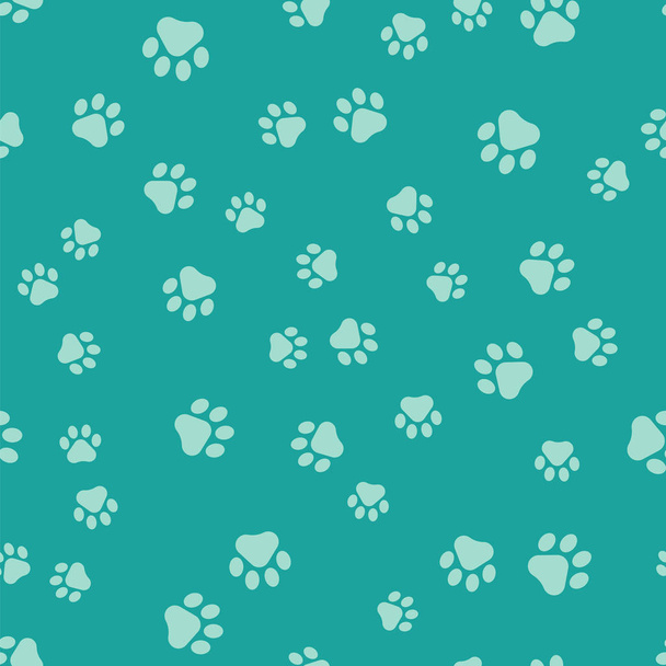 緑色の足の印刷アイコンは、緑の背景にシームレスなパターンを分離しました。犬や猫の足のプリント。アニマルトラックベクトルイラストレーション - ベクター画像