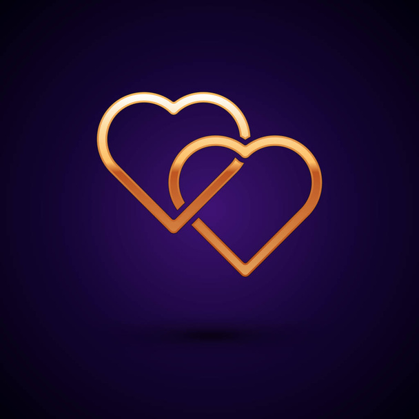 Gold Two Linked Hearts icon isolated on dark blue background. Romantic symbol linked, join, passion and wedding. Valentine day symbol. Vector Illustration - Vector, Image