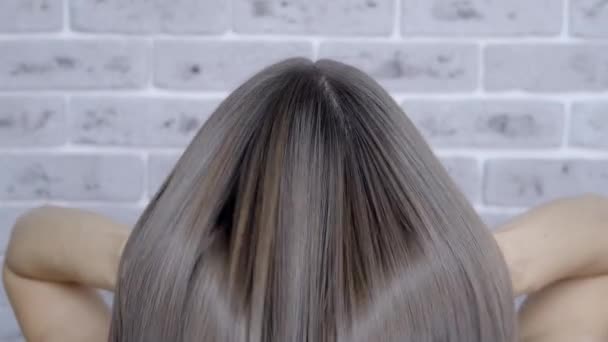 Αποτέλεσμα μετά από πλαστικοποίηση και ίσιωμα των μαλλιών σε ένα σαλόνι ομορφιάς για ένα κορίτσι με καστανά μαλλιά. έννοια της φροντίδας των μαλλιών - Πλάνα, βίντεο