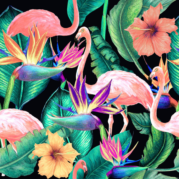 Seamless tropical pattern of watercolor flowers,flamingos and leaves - Photo, Image