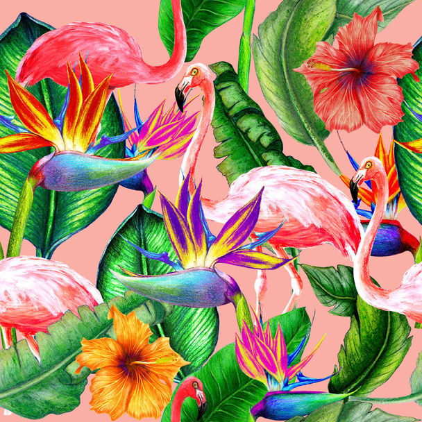 nahtloses tropisches Muster aus Aquarellblumen, Flamingos und Blättern - Foto, Bild