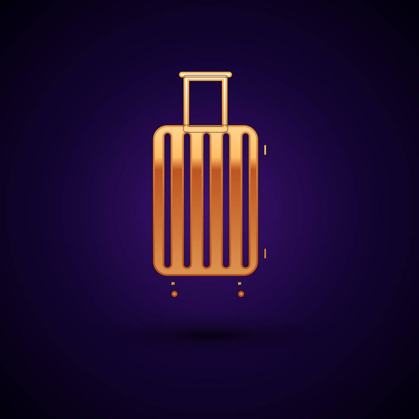 Zlatý kufřík pro cestovní ikonu izolovaný na tmavomodrém pozadí. Nápis-cestovní zavazadla. Ikona cestovního zavazadla. Vektorová ilustrace - Vektor, obrázek