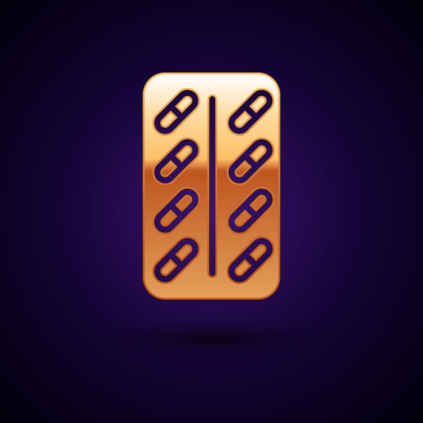 Χρυσά χάπια σε κυψέλη πακέτο εικονίδιο απομονωθεί σε σκούρο μπλε φόντο. Ιατρικό πακέτο φαρμάκων για δισκίο: βιταμίνη, αντιβιοτικό, ασπιρίνη. Απεικόνιση διανυσματικών φορέων - Διάνυσμα, εικόνα