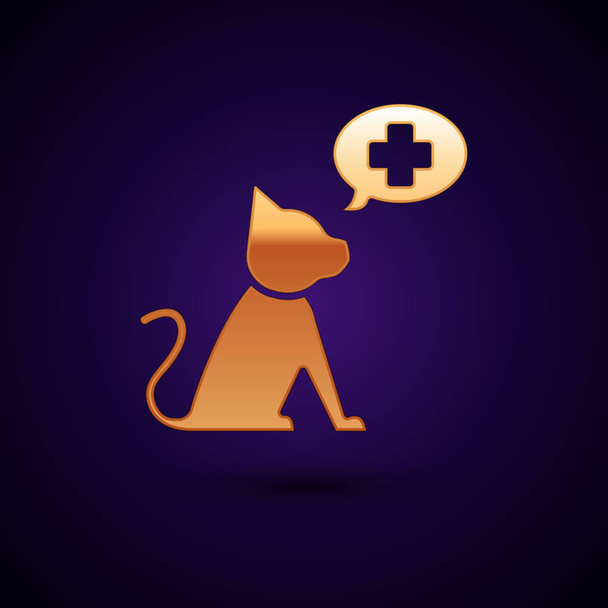 Gold Veterinary clinic symbol icon isolated on dark blue background. Cross with cat veterinary care. Pet First Aid sign. Vector Illustration - Vector, Image