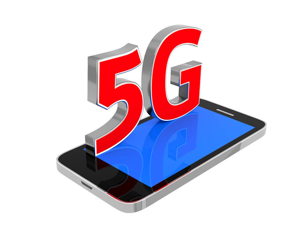 5G symbol and smartphone on isolated white background. 3d render - Fotó, kép