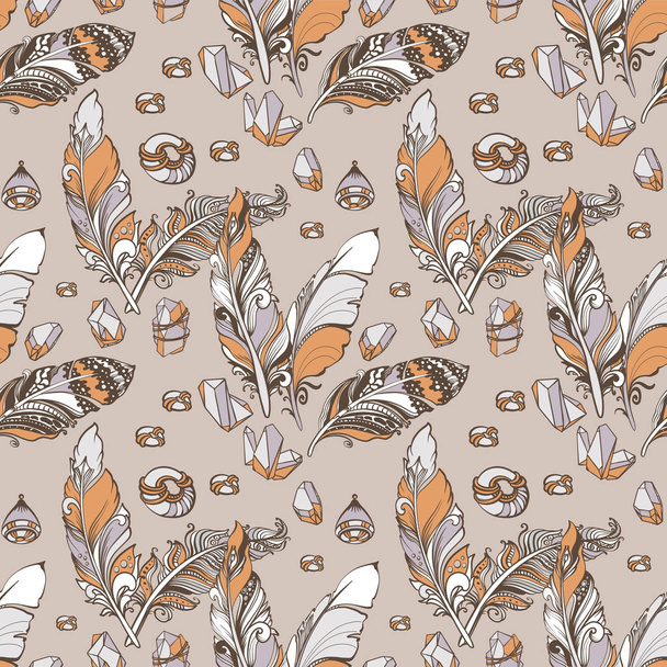 Seamless pattern of feathers, beads, crystals. Vintage vector il - Vettoriali, immagini