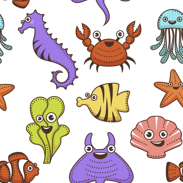 Seahorse and crab jellyfish and seaweed cartoon cute characters - Vector, imagen