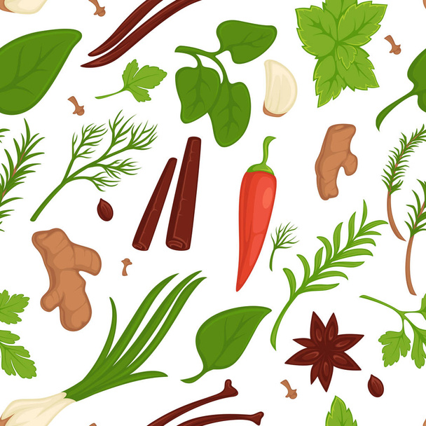 Herbs and spices seamless pattern organic condiments and seasonings - Διάνυσμα, εικόνα