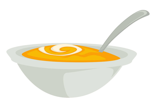 Pumpkin soup or mash in bowl with spoon isolated dish - Vettoriali, immagini