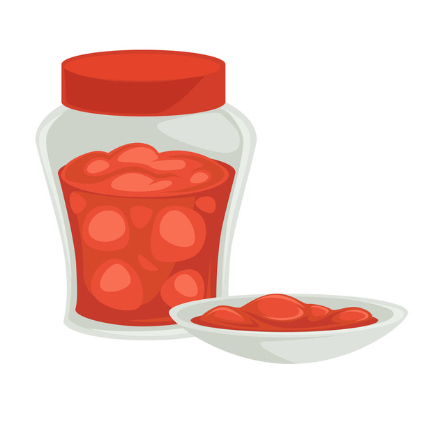 Confiture de fraises dans un bocal et un bol plat maison bio isolé
 - Vecteur, image
