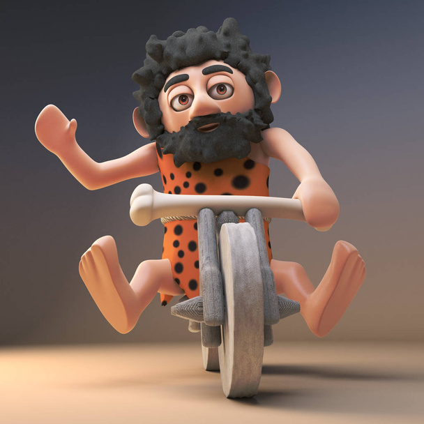 3D holbewoner Biker gratis Wheeling zijn prehistorische fiets, 3D illustratie - Foto, afbeelding