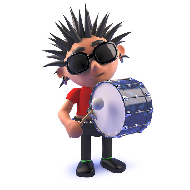 Punk rockero personaje de dibujos animados 3d golpeando un bombo grande
 - Foto, imagen