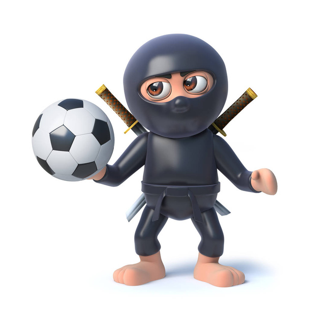 3d lustige Cartoon Ninja Assassin Krieger Charakter hält einen Fußball - Foto, Bild