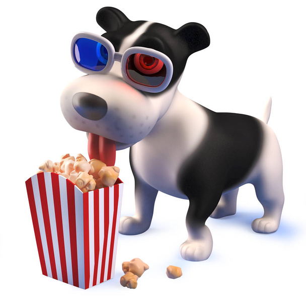 Σκυλάκι κυνηγόσκυλο σε 3D φορώντας γυαλιά 3D και τρώγοντας ποπ κορν - Φωτογραφία, εικόνα