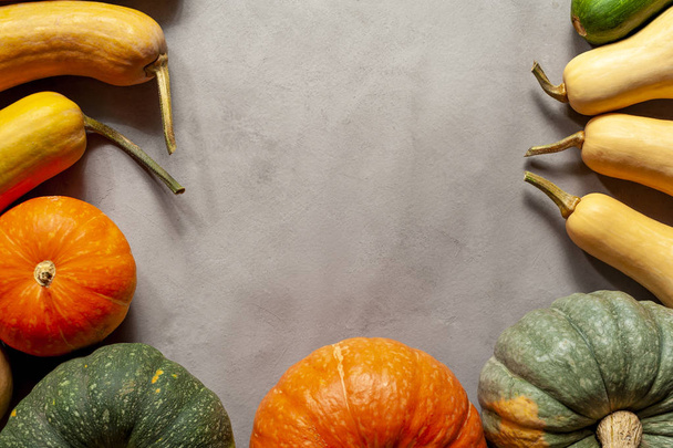 Happy autumn time - colorful pumpkins flat lay - Zdjęcie, obraz