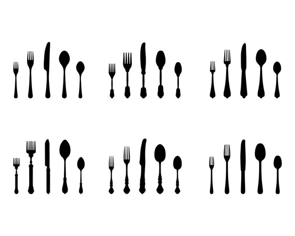 Набір чорних силуетів столових приборів на білому тлі
 - Вектор, зображення